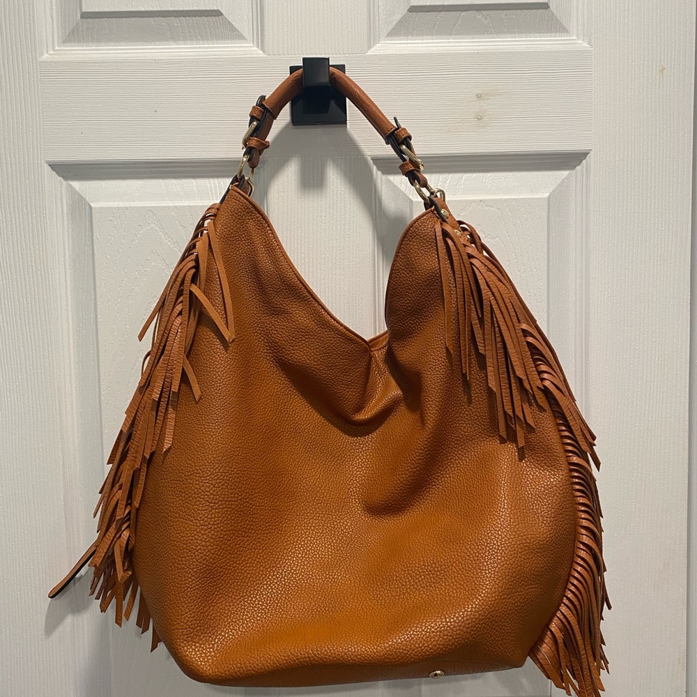 Faux Leather Brown Fringe Hobo Bag